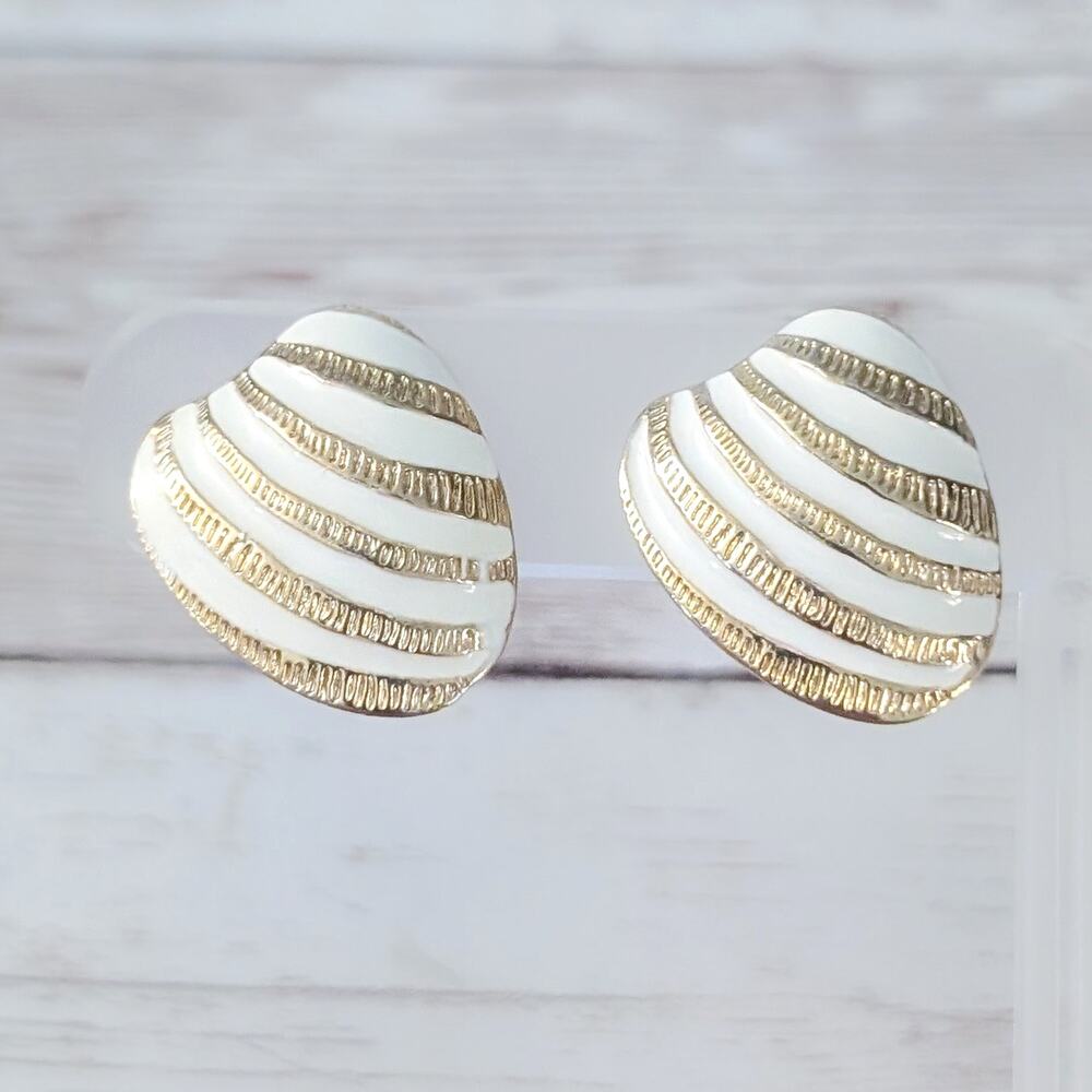 Vintage Clip On Earrings - Stunning Cream & Gold Tone Large Retro Statement